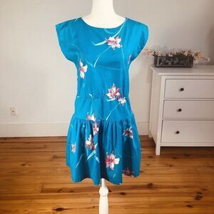 Vtg 70s Otaheite Hawaiian Floral Turquoise Mini Dress Small Tropical Beach Smock
